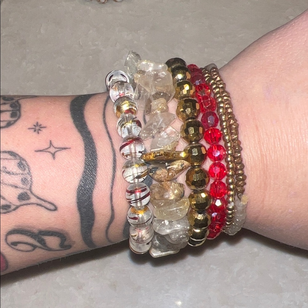 Elegant Gold and Red Beaded Bracelet Set